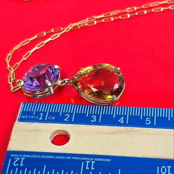925 Sterling Silver Necklace 14K Gold Pl with Natural Amethyst & Honey Quartz - Picture 10 of 12